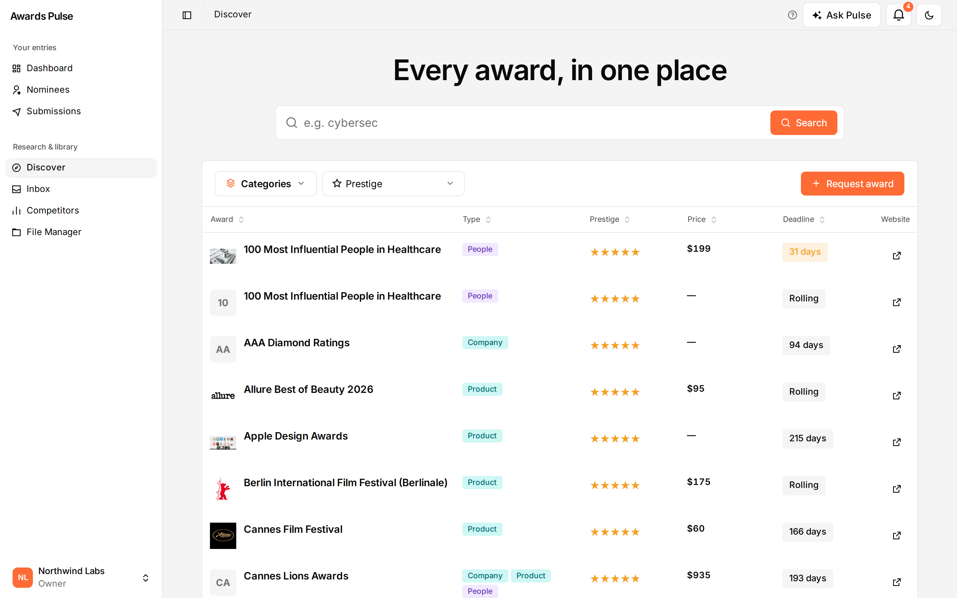 The AwardsPulse Discover screen, listing awards with their match scores and deadlines
